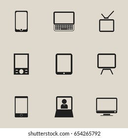 Set Of 9 Editable Devices Icons. Includes Symbols Such As Monitor, Music Phone, Laptop And More. Can Be Used For Web, Mobile, UI And Infographic Design.