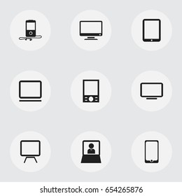 Set Of 9 Editable Devices Icons. Includes Symbols Such As Music Phone, Tv, Mp3 Player And More. Can Be Used For Web, Mobile, UI And Infographic Design.