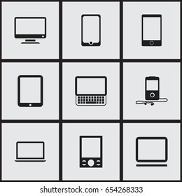 Set Of 9 Editable Devices Icons. Includes Symbols Such As Touchscreen, Computer, Music Phone And More. Can Be Used For Web, Mobile, UI And Infographic Design.