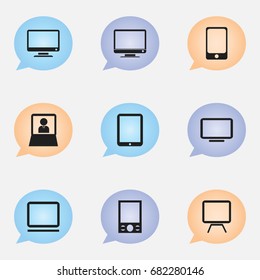 Set Of 9 Editable Devices Icons. Includes Symbols Such As Television, Smartphone, Computer And More. Can Be Used For Web, Mobile, UI And Infographic Design.