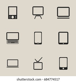 Set Of 9 Editable Devices Icons. Includes Symbols Such As Notebook, Telly, Clavier And More. Can Be Used For Web, Mobile, UI And Infographic Design.
