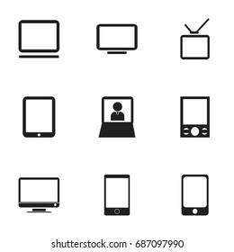 Set Of 9 Editable Devices Icons. Includes Symbols Such As Telly, Monitor, Tablet Phone And More. Can Be Used For Web, Mobile, UI And Infographic Design.