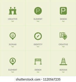 Set of 9 editable direction icons. Includes symbols such as warning cone, parking, bus stop pin and more. Can be used for web, mobile, UI and infographic design.
