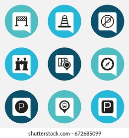 Set Of 9 Editable Direction Icons. Includes Symbols Such As Prohibited Car Stay, Road Sign, Parking And More. Can Be Used For Web, Mobile, UI And Infographic Design.