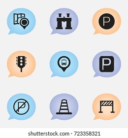Set Of 9 Editable Direction Icons. Includes Symbols Such As Barrier, Stoplight, Car Location And More. Can Be Used For Web, Mobile, UI And Infographic Design.