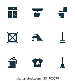 Set Of 9 Editable Dry-Cleaning Icons. Includes Symbols Such As Broomstick, Unclean Blouse, Container And More. Can Be Used For Web, Mobile, UI And Infographic Design.