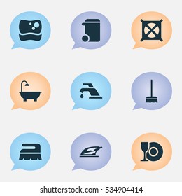 Set Of 9 Editable Dry-Cleaning Icons. Includes Symbols Such As No Laundry, Whisk, Faucet And More. Can Be Used For Web, Mobile, UI And Infographic Design.