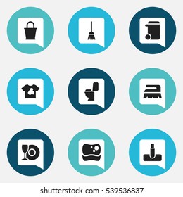 Set Of 9 Editable Dry-Cleaning Icons. Includes Symbols Such As Broomstick, Unclean Blouse, Restroom And More. Can Be Used For Web, Mobile, UI And Infographic Design.