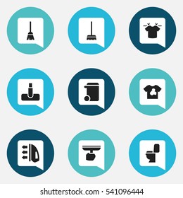 Set Of 9 Editable Dry-Cleaning Icons. Includes Symbols Such As Whisk, Hoover, Restroom And More. Can Be Used For Web, Mobile, UI And Infographic Design.
