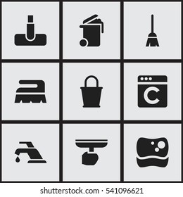 Set Of 9 Editable Dry-Cleaning Icons. Includes Symbols Such As Faucet, Hoover, Washing Tool And More. Can Be Used For Web, Mobile, UI And Infographic Design.