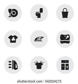 Set Of 9 Editable Dry-Cleaning Icons. Includes Symbols Such As Appliance, Washing Glass, Plate And More. Can Be Used For Web, Mobile, UI And Infographic Design.