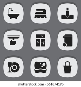Set Of 9 Editable Dry-Cleaning Icons. Includes Symbols Such As Plate, Washing Glass, Dustbin And More. Can Be Used For Web, Mobile, UI And Infographic Design.