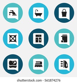 Set Of 9 Editable Dry-Cleaning Icons. Includes Symbols Such As Dustbin, No Laundry, Faucet And More. Can Be Used For Web, Mobile, UI And Infographic Design.