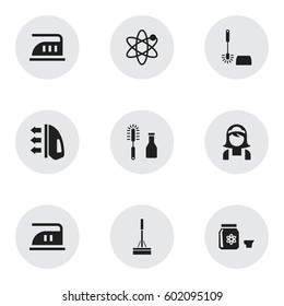 Set Of 9 Editable Dry-Cleaning Icons. Includes Symbols Such As Smoothing, Hazard, Hotel Staff And More. Can Be Used For Web, Mobile, UI And Infographic Design.