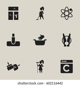 Set Of 9 Editable Dry-Cleaning Icons. Includes Symbols Such As Peg, Brooming, Working At Home And More. Can Be Used For Web, Mobile, UI And Infographic Design.