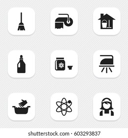 Set Of 9 Editable Dry-Cleaning Icons. Includes Symbols Such As Hotel Staff, Laundry Detergent, Power And More. Can Be Used For Web, Mobile, UI And Infographic Design.