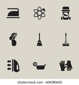 Set Of 9 Editable Dry-Cleaning Icons. Includes Symbols Such As Gauntlet, Window Cleaner, Trash Bin And More. Can Be Used For Web, Mobile, UI And Infographic Design.