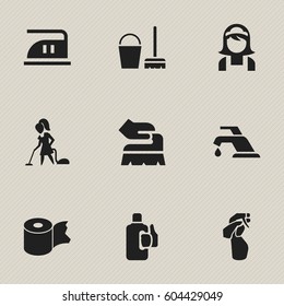 Set Of 9 Editable Dry-Cleaning Icons. Includes Symbols Such As Floor Dusting, Faucet, Smoothing And More. Can Be Used For Web, Mobile, UI And Infographic Design.