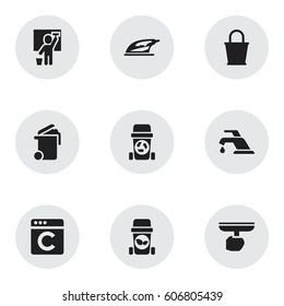 Set Of 9 Editable Dry-Cleaning Icons. Includes Symbols Such As Container, Cleaning Man, Rubbish Container And More. Can Be Used For Web, Mobile, UI And Infographic Design.