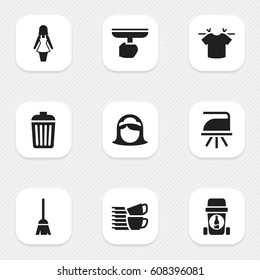 Set Of 9 Editable Dry-Cleaning Icons. Includes Symbols Such As Dishes Pile, Flatiron, Trash And More. Can Be Used For Web, Mobile, UI And Infographic Design.