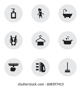 Set Of 9 Editable Dry-Cleaning Icons. Includes Symbols Such As Tub, Bathroom, Peg And More. Can Be Used For Web, Mobile, UI And Infographic Design.