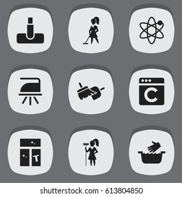 Set Of 9 Editable Dry-Cleaning Icons. Includes Symbols Such As Washing Glass, Flatiron, Hoover And More. Can Be Used For Web, Mobile, UI And Infographic Design.