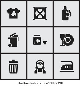 Set Of 9 Editable Dry-Cleaning Icons. Includes Symbols Such As Bleach, Container, Plate And More. Can Be Used For Web, Mobile, UI And Infographic Design.