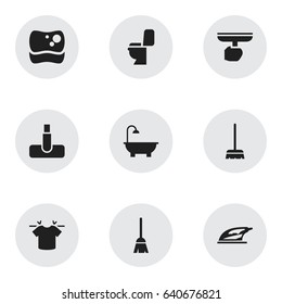 Set Of 9 Editable Dry-Cleaning Icons. Includes Symbols Such As Brush, Whisk, Broomstick And More. Can Be Used For Web, Mobile, UI And Infographic Design.