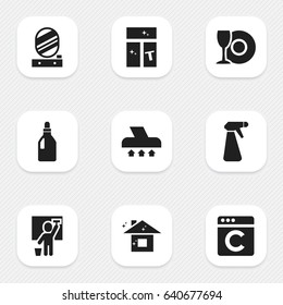 Set Of 9 Editable Dry-Cleaning Icons. Includes Symbols Such As Laundry Detergent, Pulverizer, Wall Mirror And More. Can Be Used For Web, Mobile, UI And Infographic Design.