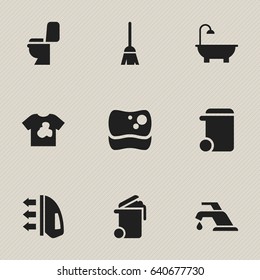 Set Of 9 Editable Dry-Cleaning Icons. Includes Symbols Such As Unclean Blouse, Steam, Restroom And More. Can Be Used For Web, Mobile, UI And Infographic Design.