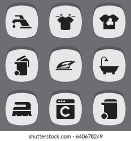 Set Of 9 Editable Dry-Cleaning Icons. Includes Symbols Such As Unclean Blouse, Faucet, Laundress And More. Can Be Used For Web, Mobile, UI And Infographic Design.