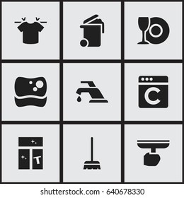 Set Of 9 Editable Dry-Cleaning Icons. Includes Symbols Such As Plate, Whisk, Washing Tool And More. Can Be Used For Web, Mobile, UI And Infographic Design.