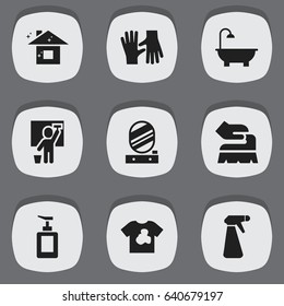 Set Of 9 Editable Dry-Cleaning Icons. Includes Symbols Such As Bathroom, Wall Mirror, Unclean Blouse And More. Can Be Used For Web, Mobile, UI And Infographic Design.