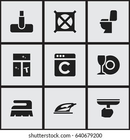 Set Of 9 Editable Dry-Cleaning Icons. Includes Symbols Such As Laundress, Hoover, Plate And More. Can Be Used For Web, Mobile, UI And Infographic Design.