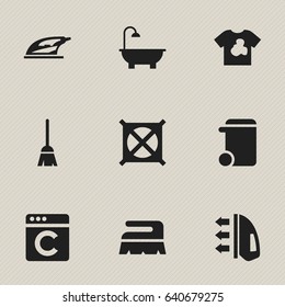 Set Of 9 Editable Dry-Cleaning Icons. Includes Symbols Such As Sweep, Unclean Blouse, Appliance And More. Can Be Used For Web, Mobile, UI And Infographic Design.
