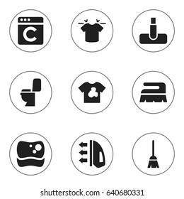 Set Of 9 Editable Dry-Cleaning Icons. Includes Symbols Such As Broomstick, Laundress, Clean T-Shirt And More. Can Be Used For Web, Mobile, UI And Infographic Design.