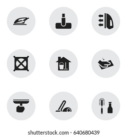 Set Of 9 Editable Dry-Cleaning Icons. Includes Symbols Such As No Laundry, Cleanser, Vacuum Cleaner And More. Can Be Used For Web, Mobile, UI And Infographic Design.
