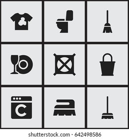 Set Of 9 Editable Dry-Cleaning Icons. Includes Symbols Such As No Laundry, Broomstick, Whisk And More. Can Be Used For Web, Mobile, UI And Infographic Design.