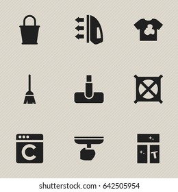 Set Of 9 Editable Dry-Cleaning Icons. Includes Symbols Such As Broomstick, Hoover, Brush And More. Can Be Used For Web, Mobile, UI And Infographic Design.