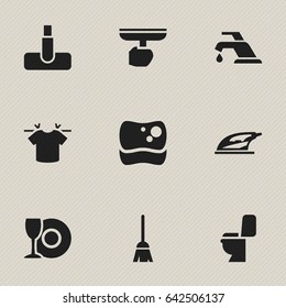 Set Of 9 Editable Dry-Cleaning Icons. Includes Symbols Such As Appliance, Hoover, Clean T-Shirt And More. Can Be Used For Web, Mobile, UI And Infographic Design.