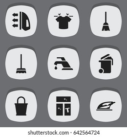 Set Of 9 Editable Dry-Cleaning Icons. Includes Symbols Such As Pail, Washing Glass, Appliance And More. Can Be Used For Web, Mobile, UI And Infographic Design.