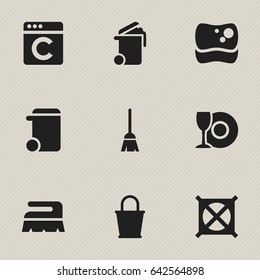 Set Of 9 Editable Dry-Cleaning Icons. Includes Symbols Such As Washing Tool, Sweep, Broomstick And More. Can Be Used For Web, Mobile, UI And Infographic Design.