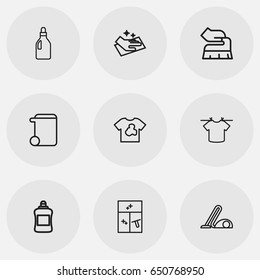 Set Of 9 Editable Dry-Cleaning Icons. Includes Symbols Such As Scrub, Hanging Rope, Hoover And More. Can Be Used For Web, Mobile, UI And Infographic Design.