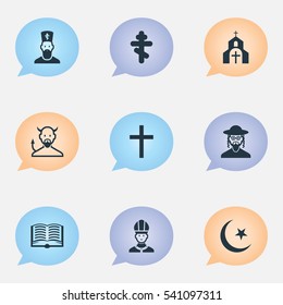 Set Of 9 Editable Dyne Icons. Includes Symbols Such As Church, Chaplain, Satan And More. Can Be Used For Web, Mobile, UI And Infographic Design.