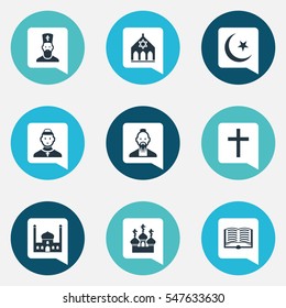 Set Of 9 Editable Dyne Icons. Includes Symbols Such As Temple, Clergyman, Cardinal And More. Can Be Used For Web, Mobile, UI And Infographic Design.