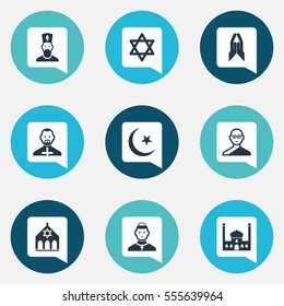 Set Of 9 Editable Dyne Icons. Includes Symbols Such As Hexagram, Chaplain, Temple And More. Can Be Used For Web, Mobile, UI And Infographic Design.