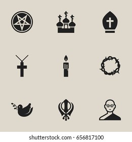 Set Of 9 Editable Dyne Icons. Includes Symbols Such As Tegh, Religious Sewn, Fire Wax And More. Can Be Used For Web, Mobile, UI And Infographic Design.