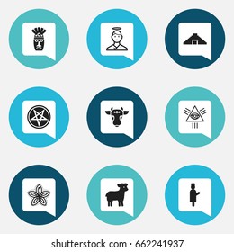 Set Of 9 Editable Dyne Icons. Includes Symbols Such As Begging, Pyramid, Cherub And More. Can Be Used For Web, Mobile, UI And Infographic Design.