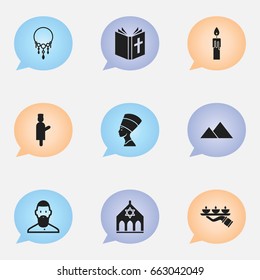 Set Of 9 Editable Dyne Icons. Includes Symbols Such As Candle Light, Giza, Jewish. Can Be Used For Web, Mobile, UI And Infographic Design.