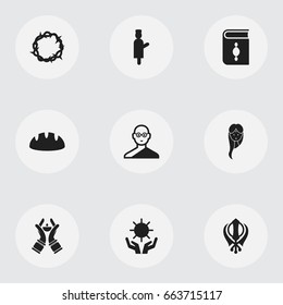 Set Of 9 Editable Dyne Icons. Includes Symbols Such As Baguette, Friar, Religious Book And More. Can Be Used For Web, Mobile, UI And Infographic Design.